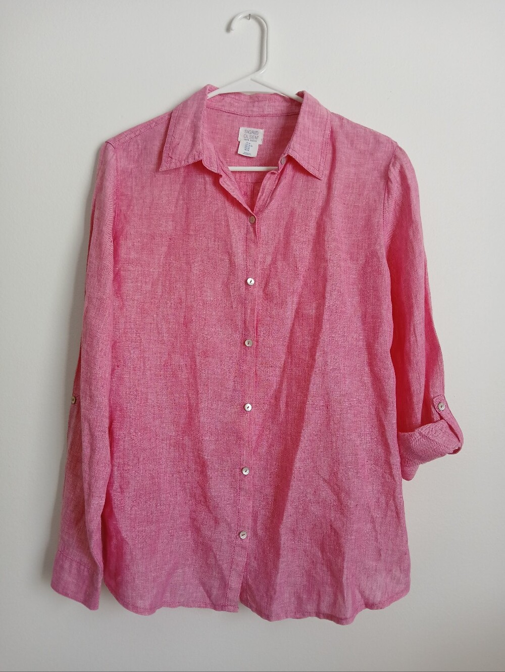 Sigrid Olsen Pink Linen Button Front Top Size Medium